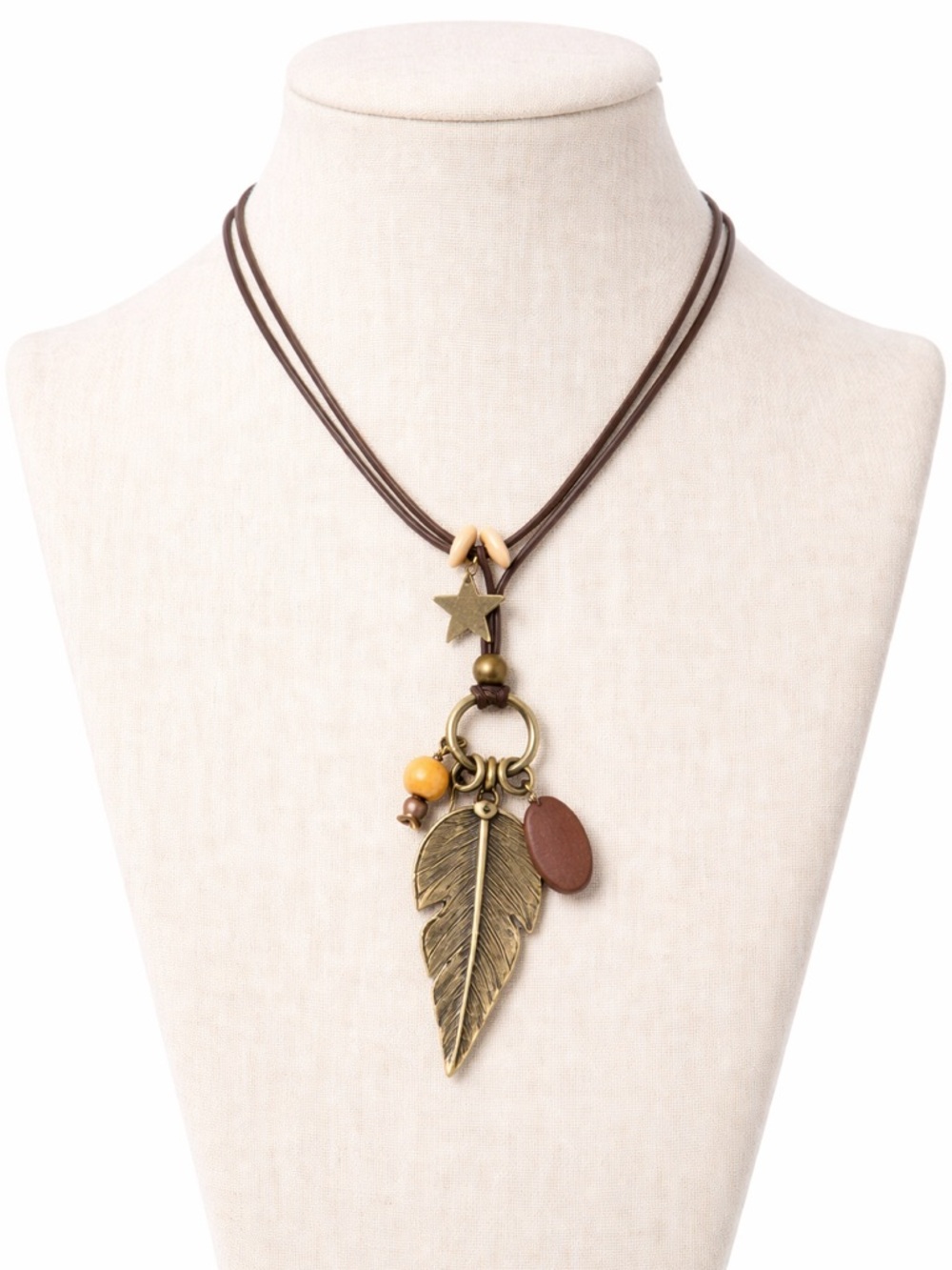Boho‎ Leaf Pendant Necklace Brown Cord Wood Beads Star Charm Layered